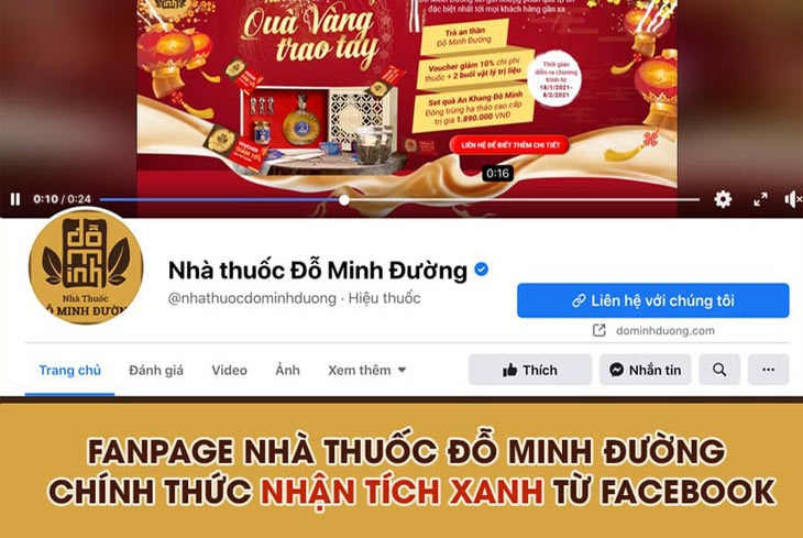 Fanpage Nhà thuốc Đỗ Minh Đường nhận tích xanh từ Facebook