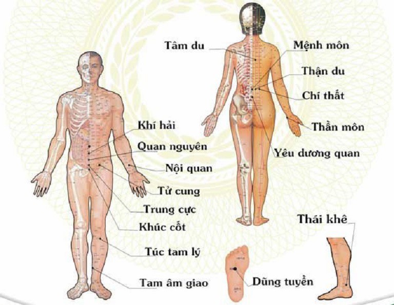 Bấm vào 4 huyệt quan nguyên, khí hải, khúc cốt, tam âm giao