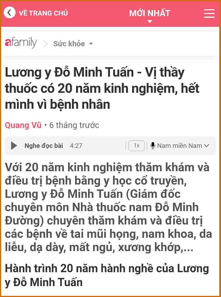 Báo Afamily.vn đưa tin về lương y Đỗ Minh Tuấn