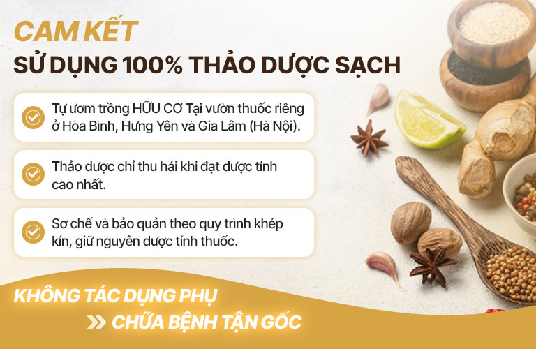 Thành phần bài thuốc 100% thảo dược tự nhiên, đạt chuẩn sạch hữu cơ